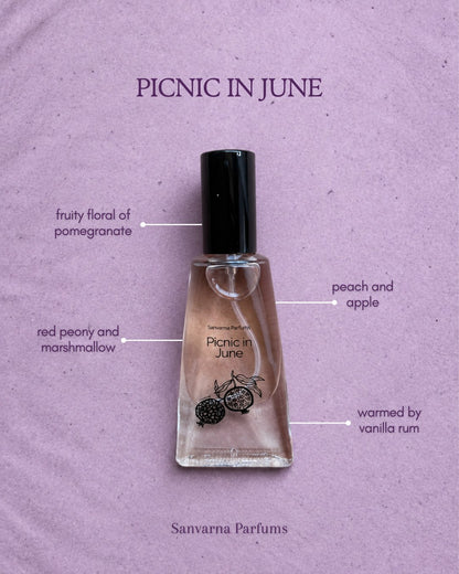 Sanvarna Picnic in June eau de parfum fragrance notes, pomegranate, peony and vanilla rum