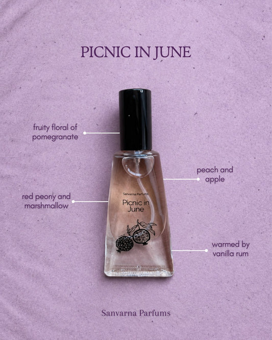 Sanvarna Picnic in June eau de parfum fragrance notes, pomegranate, peony and vanilla rum