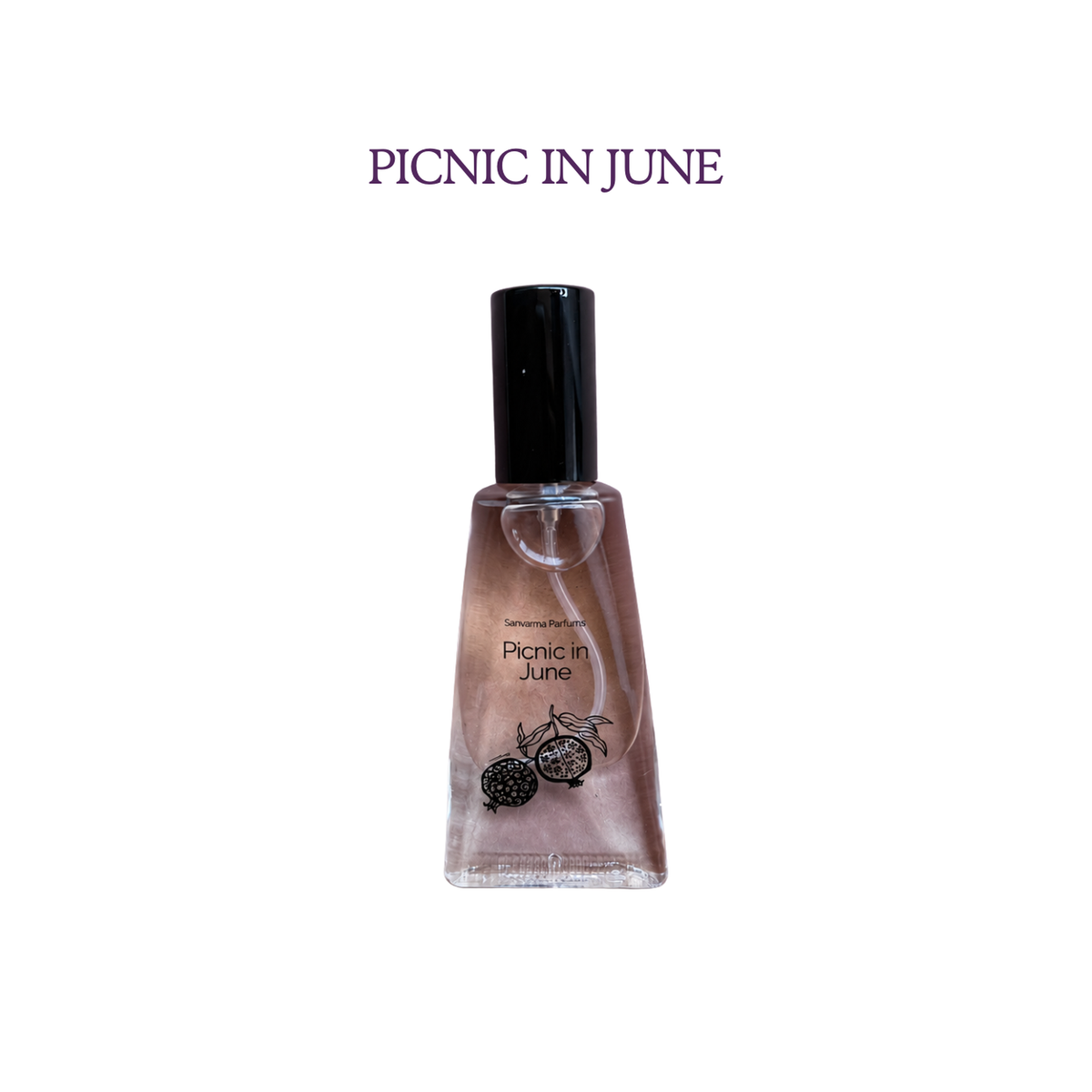 Sanvarna Picnic in June eau de parfum bottle with pomegranate artwork