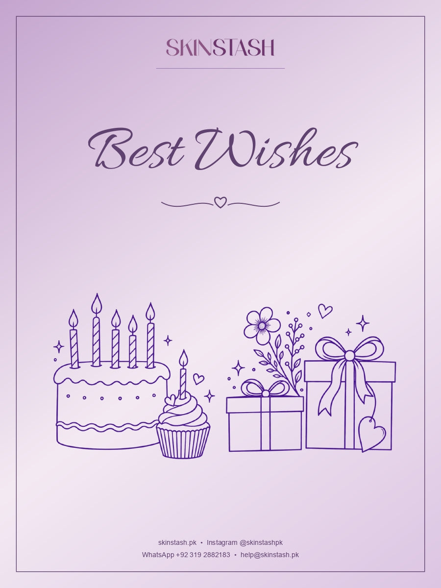 Skinstash Best Wishes greeting card with birthday cake and gift box illustration in purple