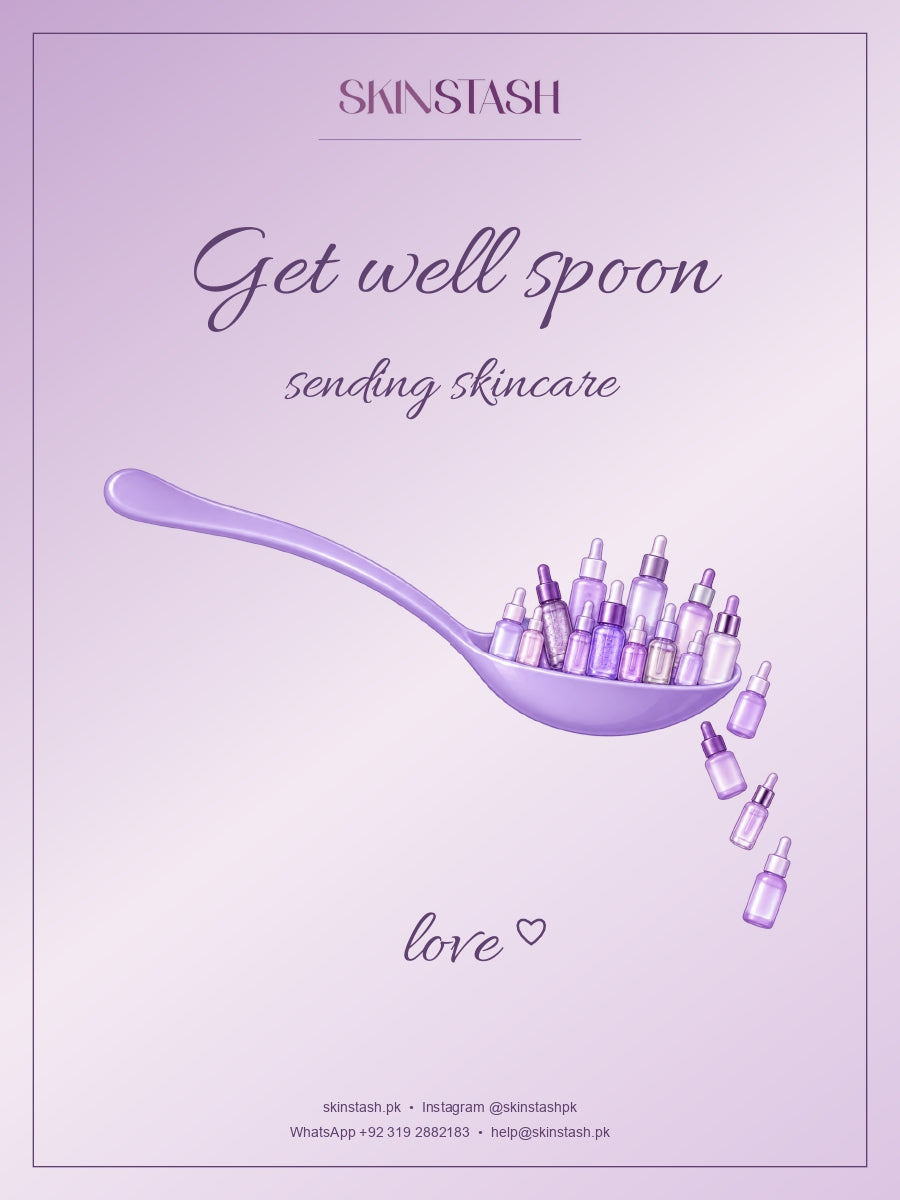Skinstash Get Well Soon greeting card with skincare serums on a spoon illustration in purple