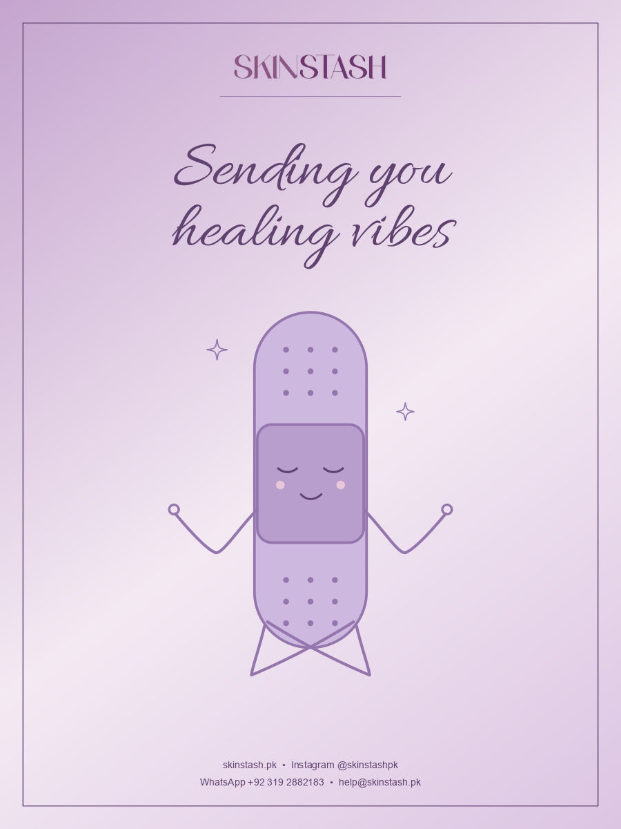 Skinstash Healing Vibes greeting card with meditating bandage illustration in purple
