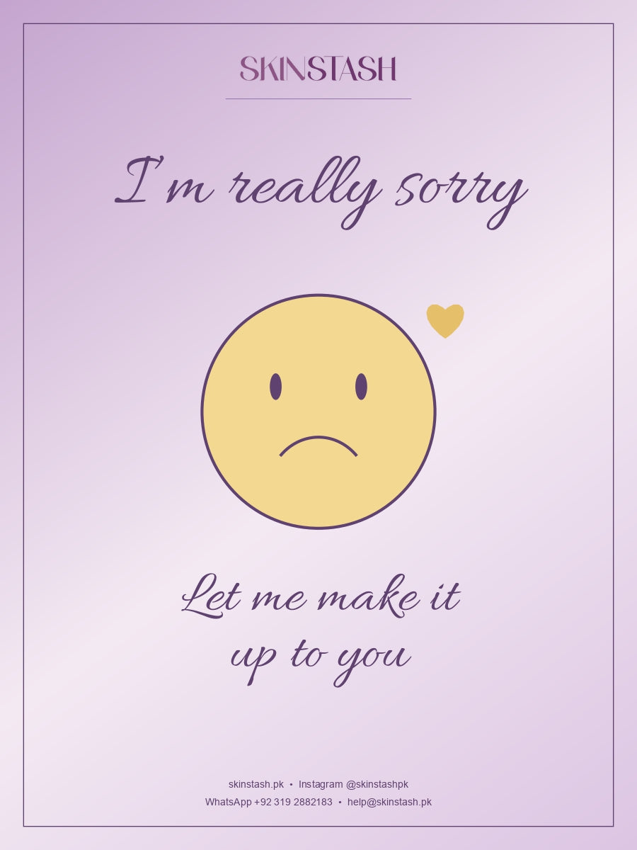 Skinstash I'm Sorry greeting card with sad face emoji and gold heart in purple