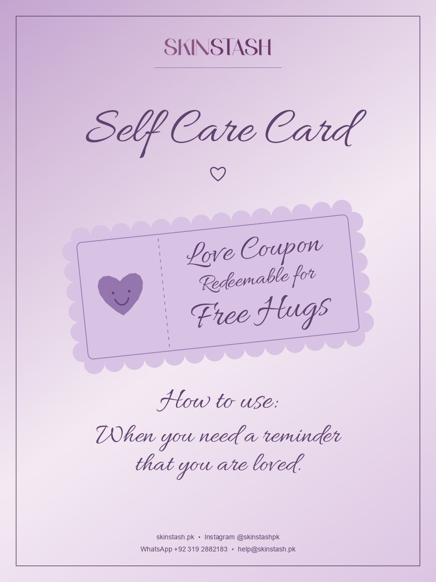 Skinstash Self Care greeting card with love coupon redeemable for free hugs in purple
