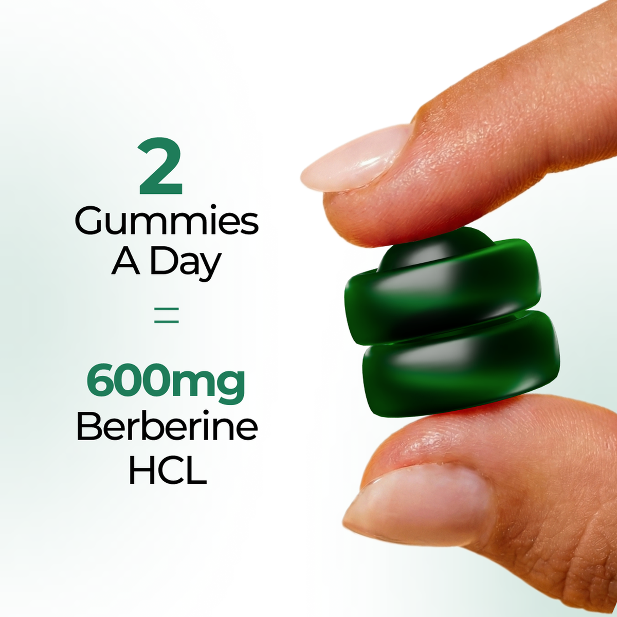 Two Vitalis Living berberine gummies a day equals 600mg berberine HCL held in hand