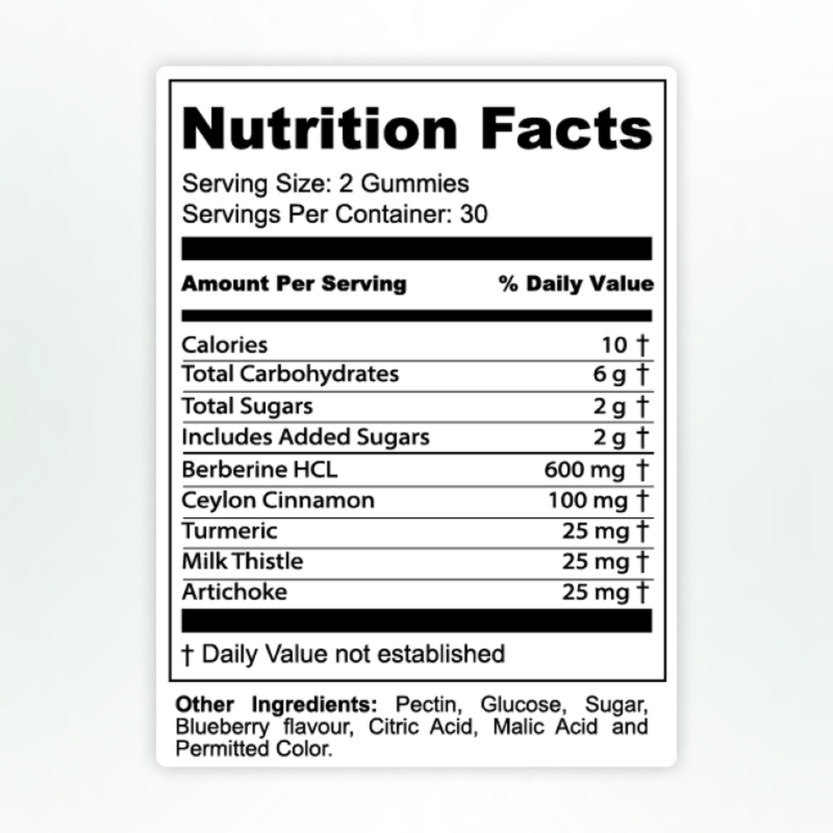 Vitalis Living Berberine HCL Gummies nutrition facts label with berberine cinnamon turmeric and milk thistle