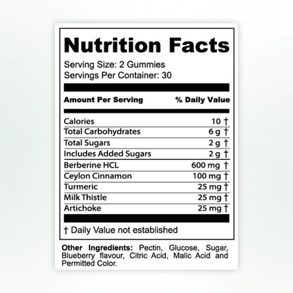 Vitalis Living Berberine HCL Gummies nutrition facts label with berberine cinnamon turmeric and milk thistle