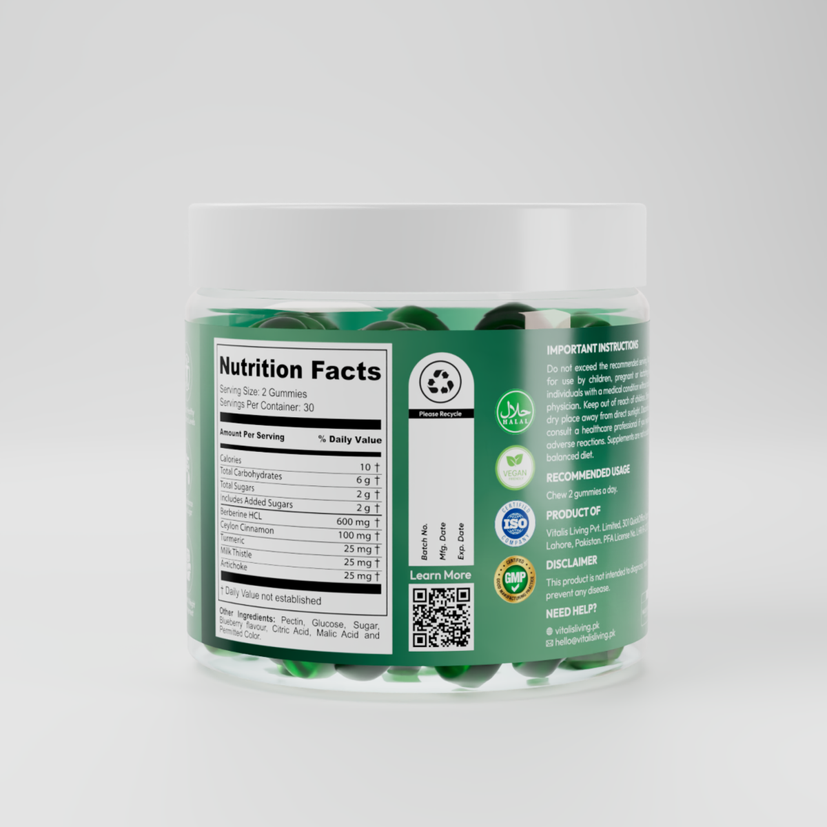 Back of Vitalis Living Berberine Gummies jar showing nutrition facts and ingredients