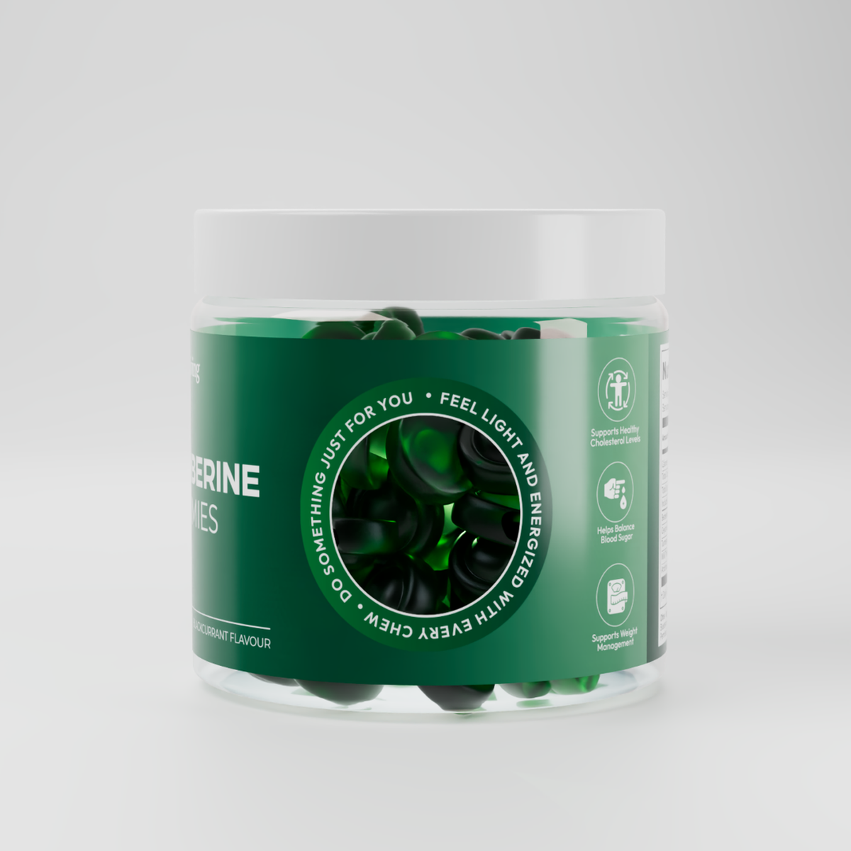Top view of open Vitalis Living Berberine Gummies jar with dark green blackcurrant gummies
