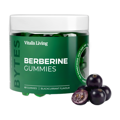 Vitalis Living Berberine HCL Gummies jar blackcurrant flavour with fresh blackcurrants on white background