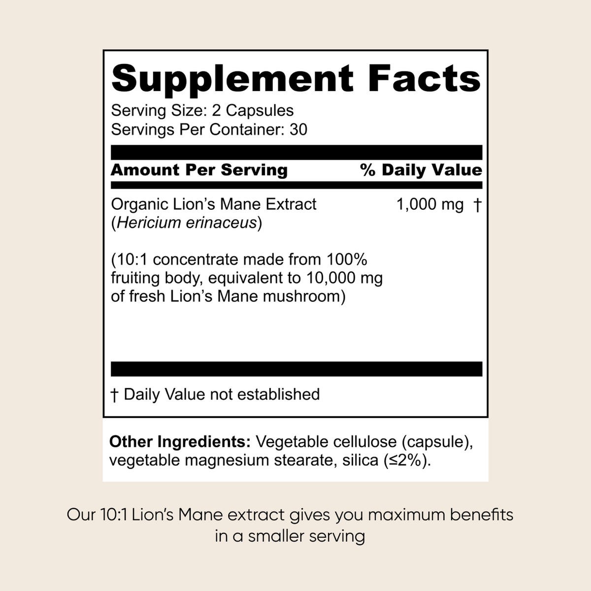 Vitalis Living Lions Mane supplement facts label with 1000mg organic lions mane extract