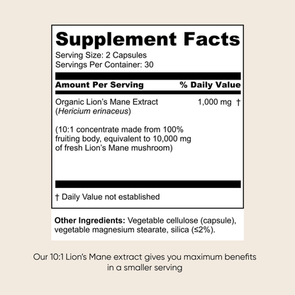Vitalis Living Lions Mane supplement facts label with 1000mg organic lions mane extract