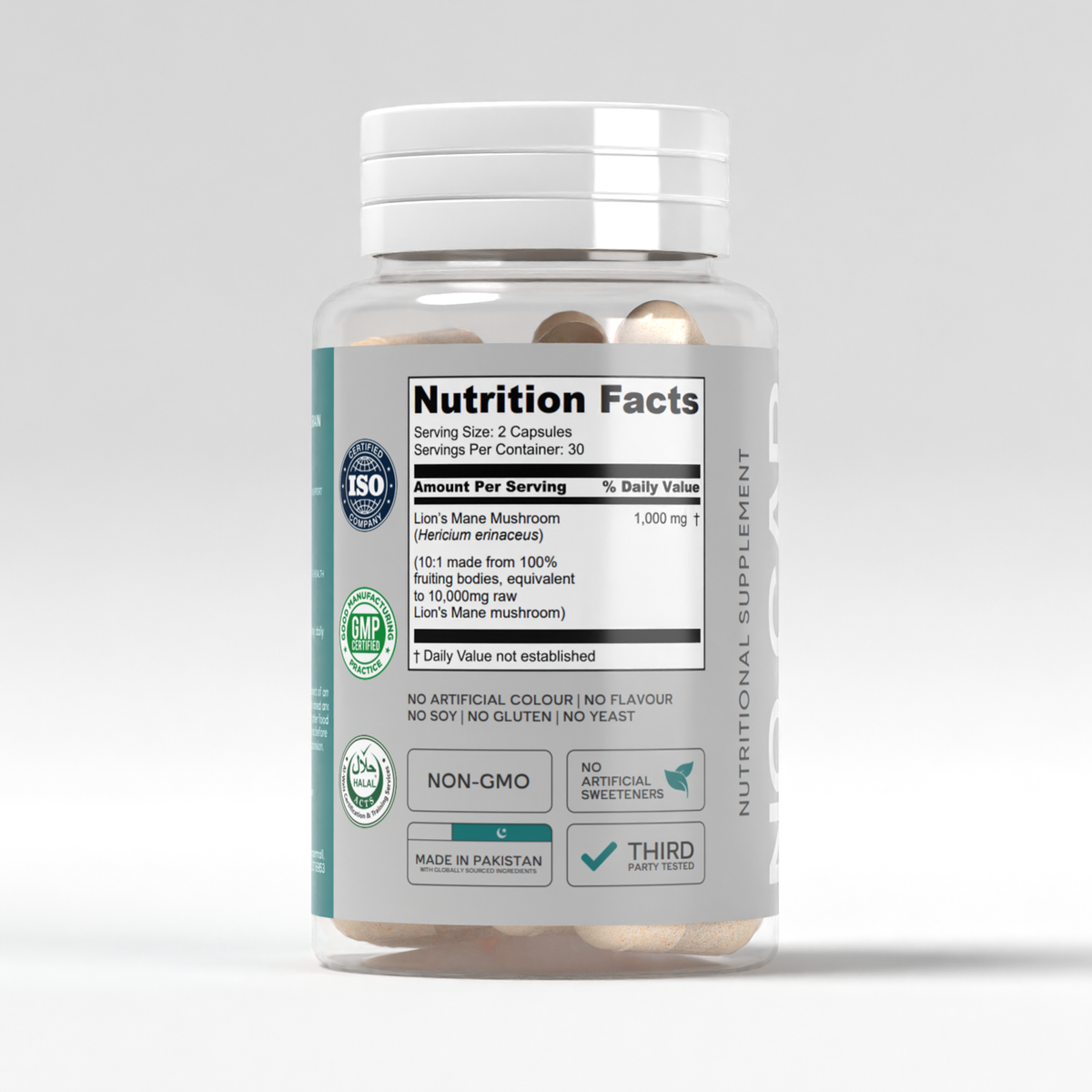 Back of Vitalis Living Lions Mane Mushroom Capsules bottle showing supplement facts