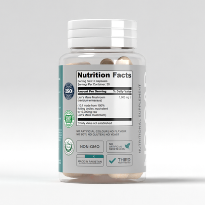 Back of Vitalis Living Lions Mane Mushroom Capsules bottle showing supplement facts