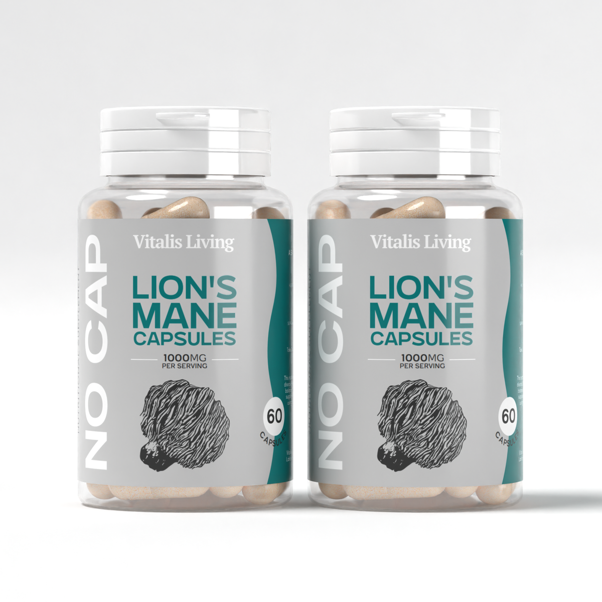 Two bottles of Vitalis Living Lions Mane Mushroom Capsules front and side view
