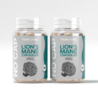 Two bottles of Vitalis Living Lions Mane Mushroom Capsules front and side view