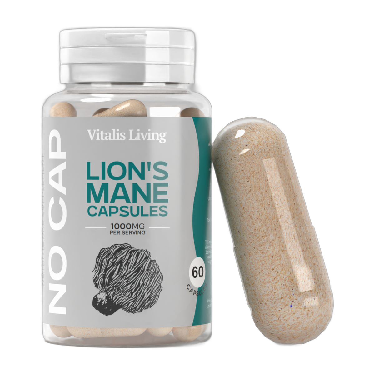 Vitalis Living Lions Mane Mushroom Capsules bottle with a capsule on white background