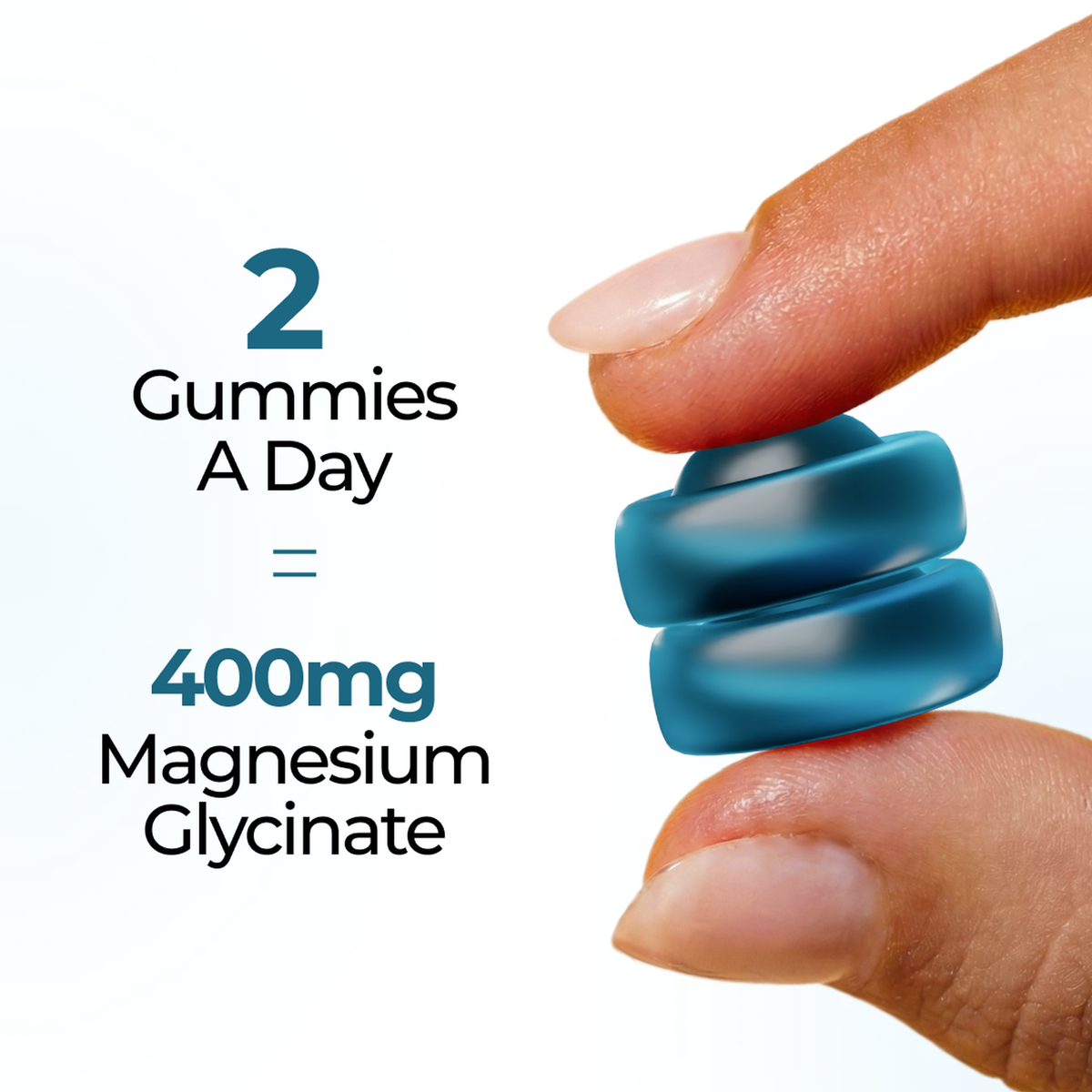 Two Vitalis Living magnesium gummies a day equals 400mg magnesium glycinate held in hand