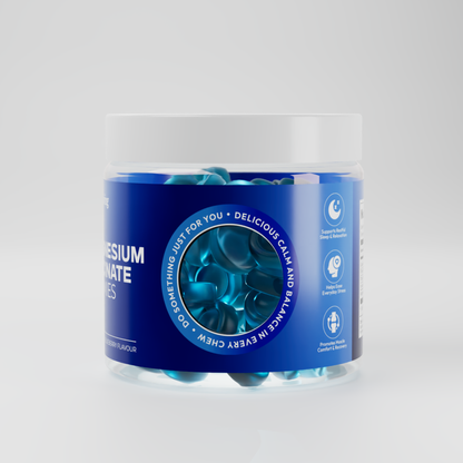 Top view of open Vitalis Living Magnesium Glycinate Gummies jar with blue blueberry gummies