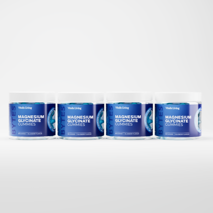 Row of Vitalis Living Magnesium Glycinate Gummies jars showing all label sides
