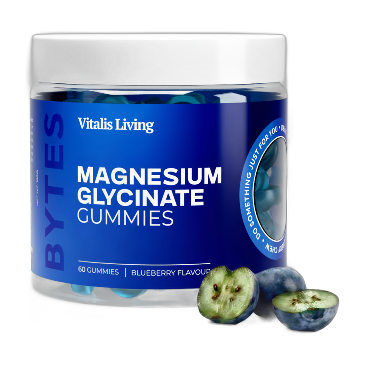 Vitalis Living Magnesium Glycinate Gummies jar blueberry flavour with fresh blueberries on white background