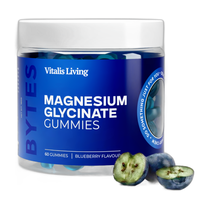 Vitalis Living Magnesium Glycinate Gummies jar blueberry flavour with fresh blueberries on white background