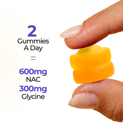Two Vitalis Living NAC gummies a day equals 600mg NAC and 300mg glycine held in hand