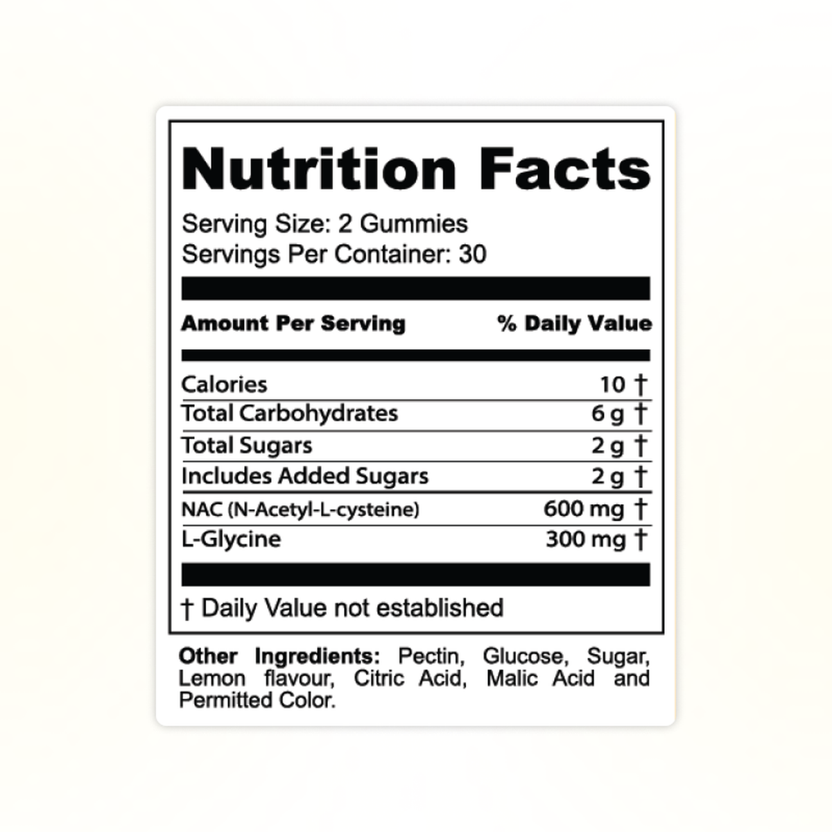 Vitalis Living NAC plus Glycine Gummies nutrition facts label with NAC and L-glycine