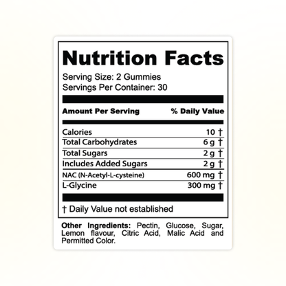 Vitalis Living NAC plus Glycine Gummies nutrition facts label with NAC and L-glycine