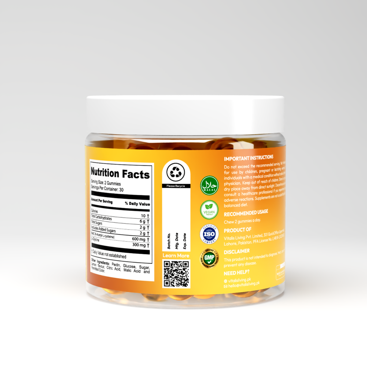 Back of Vitalis Living NAC plus Glycine Gummies jar showing nutrition facts and ingredients