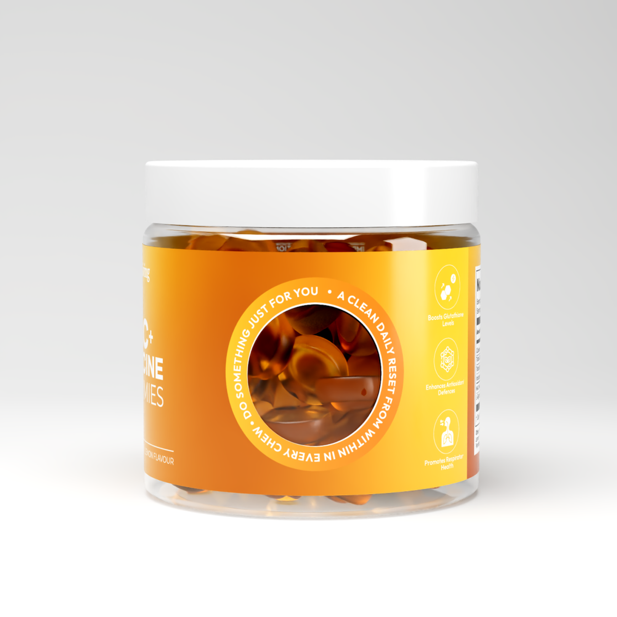 Top view of open Vitalis Living NAC plus Glycine Gummies jar with yellow lemon gummies