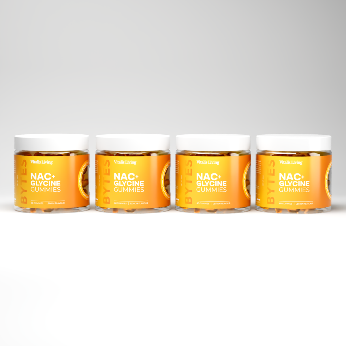 Row of Vitalis Living NAC plus Glycine Gummies jars showing all label sides