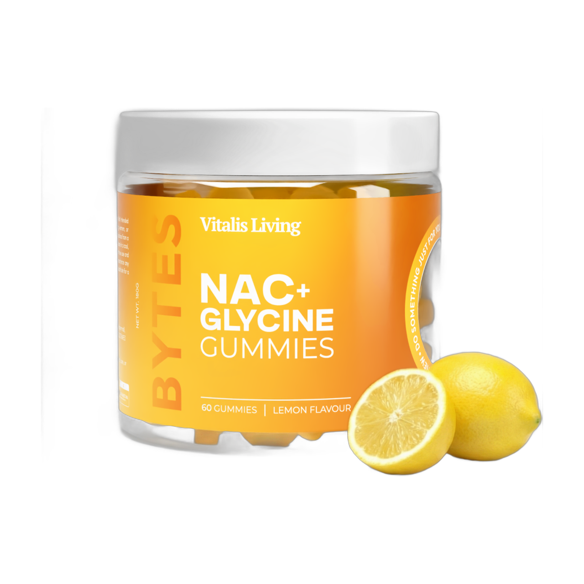 Vitalis Living NAC plus Glycine Gummies jar lemon flavour with fresh lemons on white background
