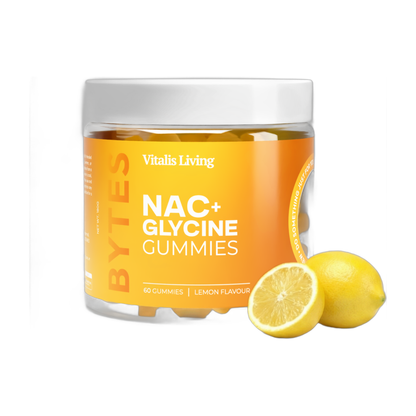 Vitalis Living NAC plus Glycine Gummies jar lemon flavour with fresh lemons on white background