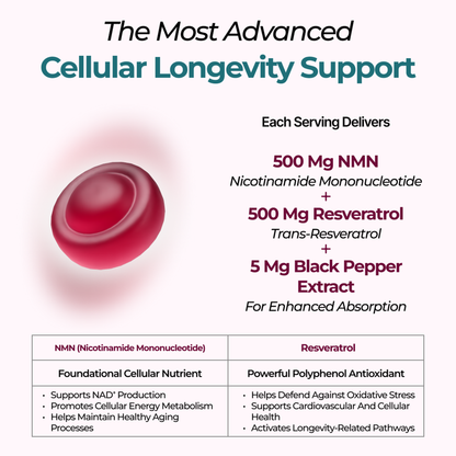 NMN and resveratrol advanced cellular longevity support delivering 500mg NMN and 500mg trans-resveratrol