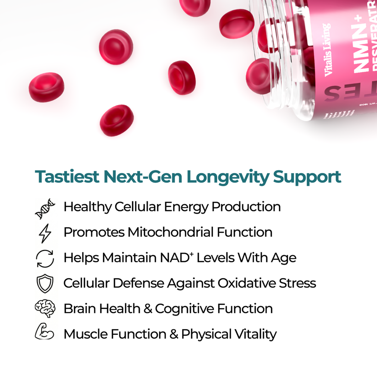 Next-gen longevity support benefits of NMN resveratrol gummies for cellular energy and healthy ageing