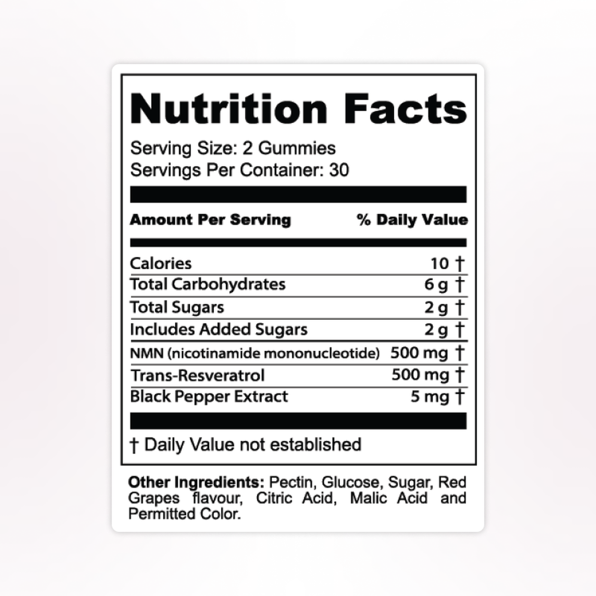 Vitalis Living NMN plus Resveratrol Gummies nutrition facts label with NMN resveratrol and black pepper extract