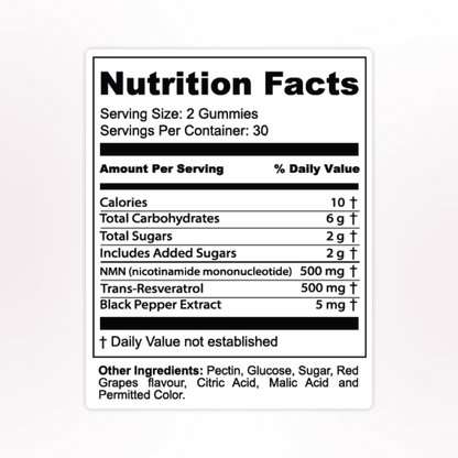 Vitalis Living NMN plus Resveratrol Gummies nutrition facts label with NMN resveratrol and black pepper extract
