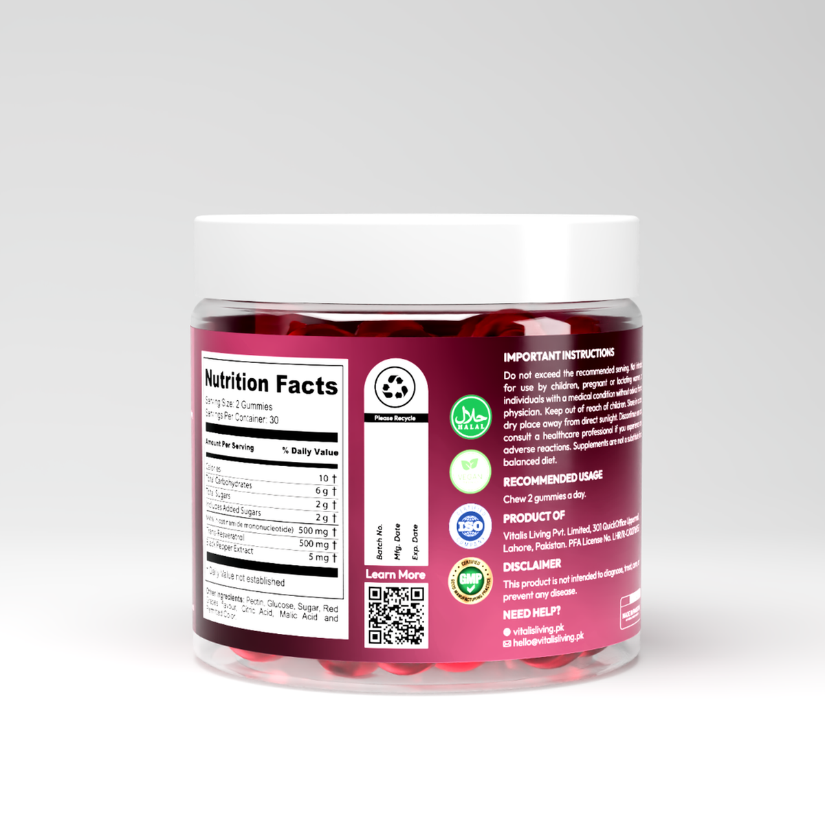 Back of Vitalis Living NMN plus Resveratrol Gummies jar showing nutrition facts and ingredients