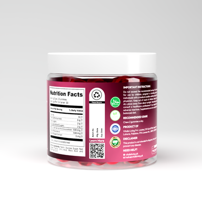 Back of Vitalis Living NMN plus Resveratrol Gummies jar showing nutrition facts and ingredients