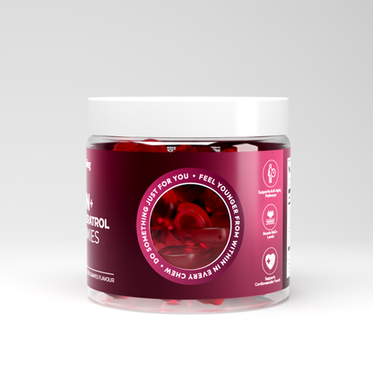 Top view of open Vitalis Living NMN plus Resveratrol Gummies jar with red grape gummies