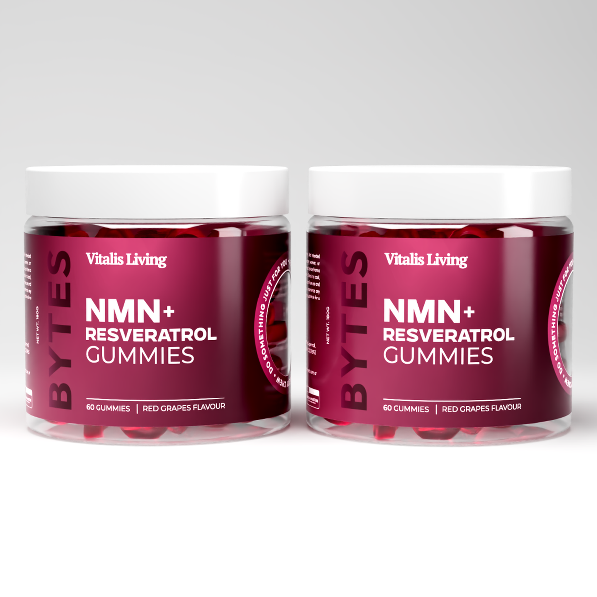 Two jars of Vitalis Living NMN plus Resveratrol Gummies front and side view