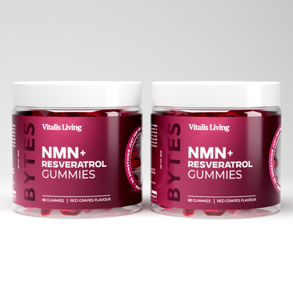 Two jars of Vitalis Living NMN plus Resveratrol Gummies front and side view