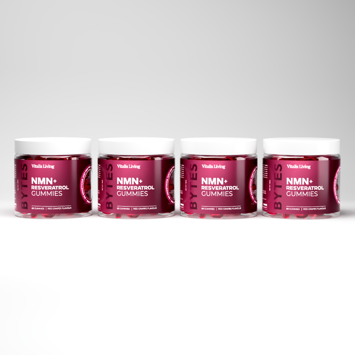 Row of Vitalis Living NMN plus Resveratrol Gummies jars showing all label sides