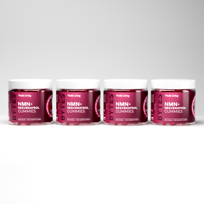 Row of Vitalis Living NMN plus Resveratrol Gummies jars showing all label sides