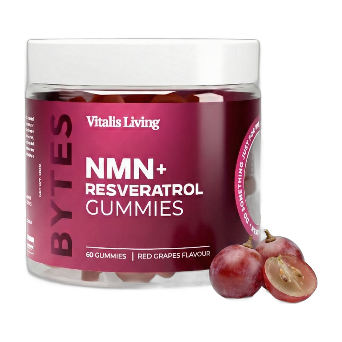 Vitalis Living NMN plus Resveratrol Gummies jar red grape flavour with fresh red grapes on white background