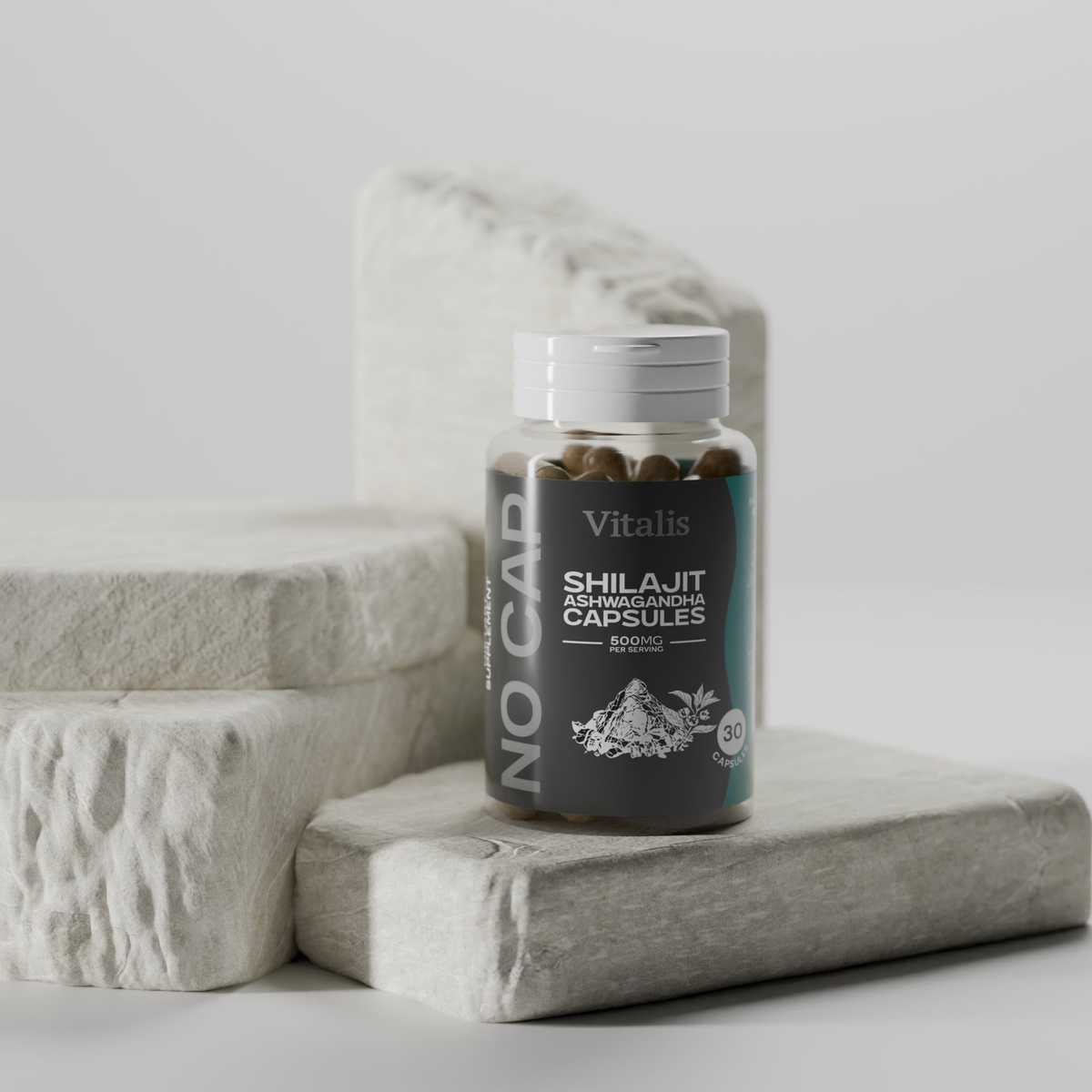Vitalis Living Shilajit and Ashwagandha Capsules bottle on a stone plinth