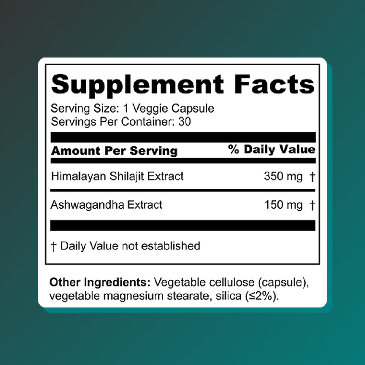 Vitalis Living Shilajit and Ashwagandha supplement facts label with 350mg shilajit and 150mg ashwagandha
