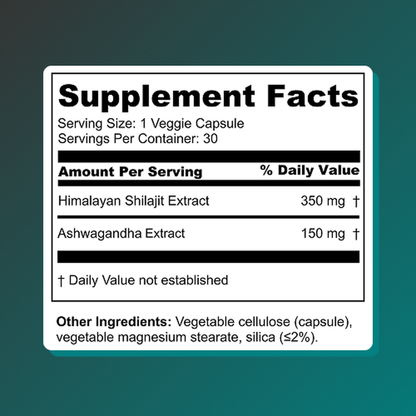 Vitalis Living Shilajit and Ashwagandha supplement facts label with 350mg shilajit and 150mg ashwagandha