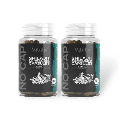 Two bottles of Vitalis Living Shilajit and Ashwagandha Capsules front and side view